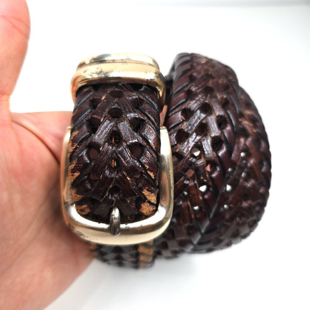 Fossil Vintage Brown Braided Leather Belt Gold Buckle